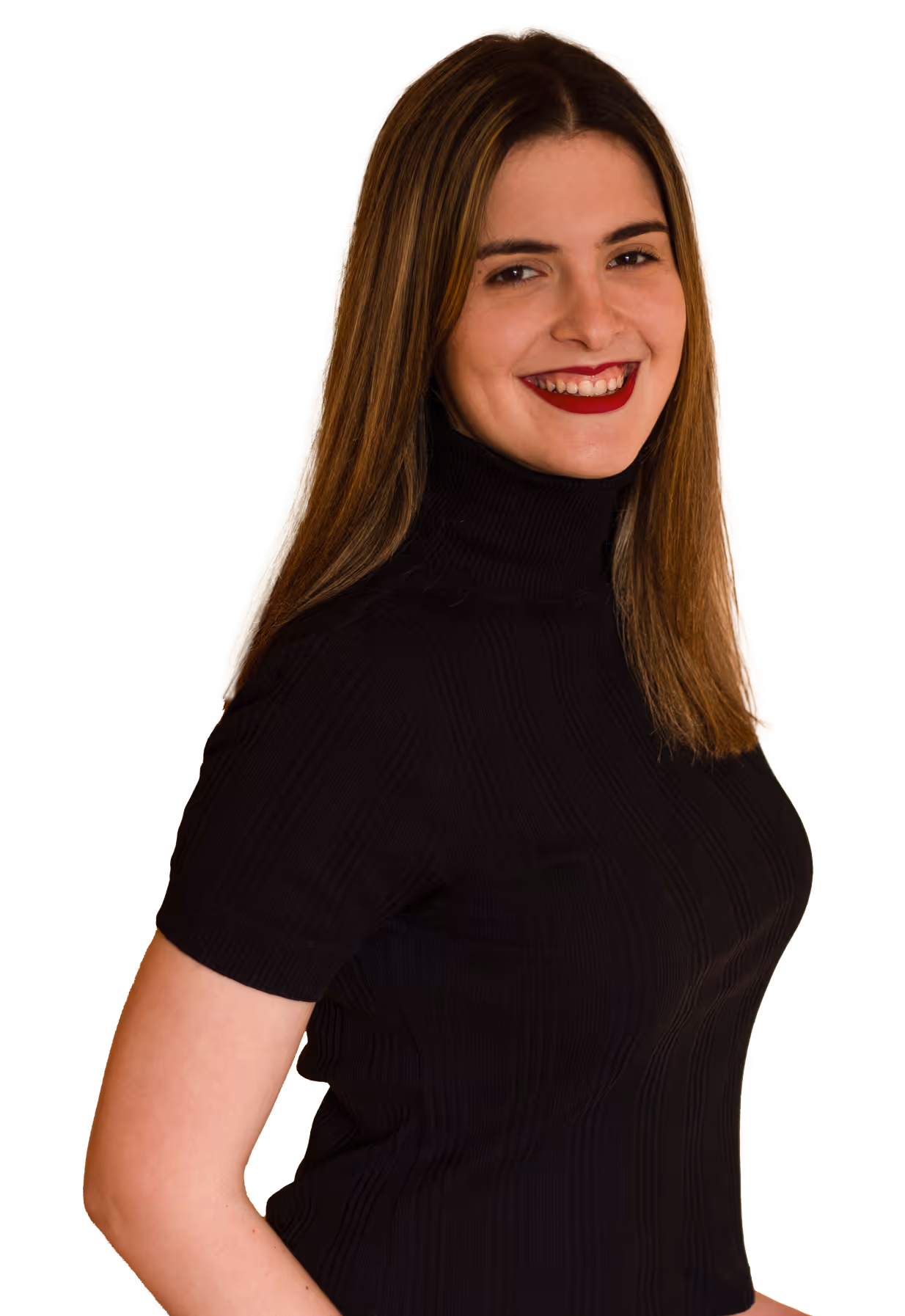 Young woman with straight light brown hair wearing a black turtleneck sweater and smiling with red lipstick.