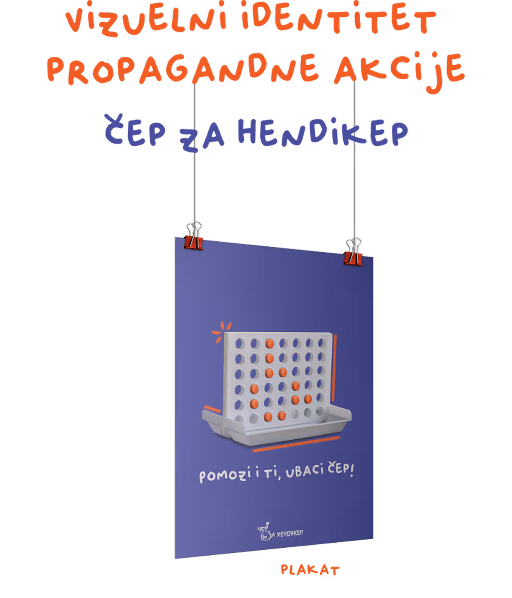 Poster with a Connect Four game showing a winning red diagonal line and text in Serbian encouraging support for Čep Za Hendikep.
