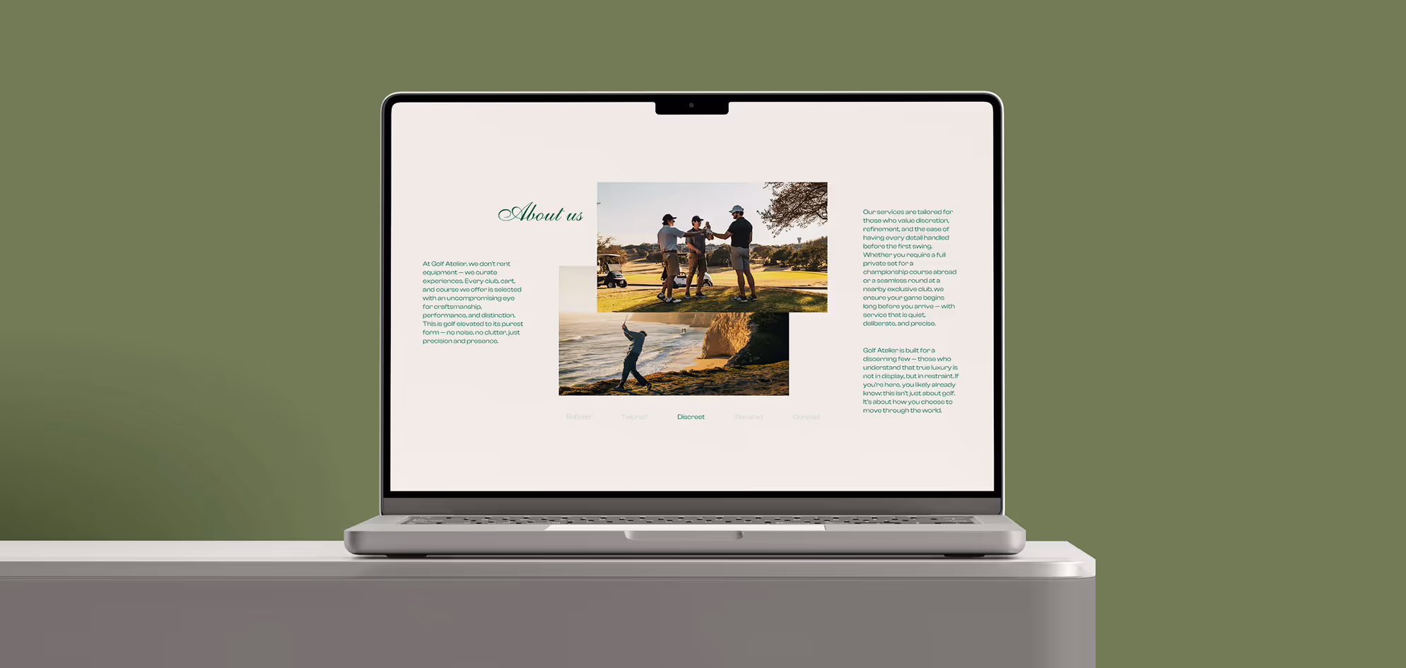 Laptop displaying a webpage titled 'About us' with images of golfers and text describing curated golf experiences and luxury service.