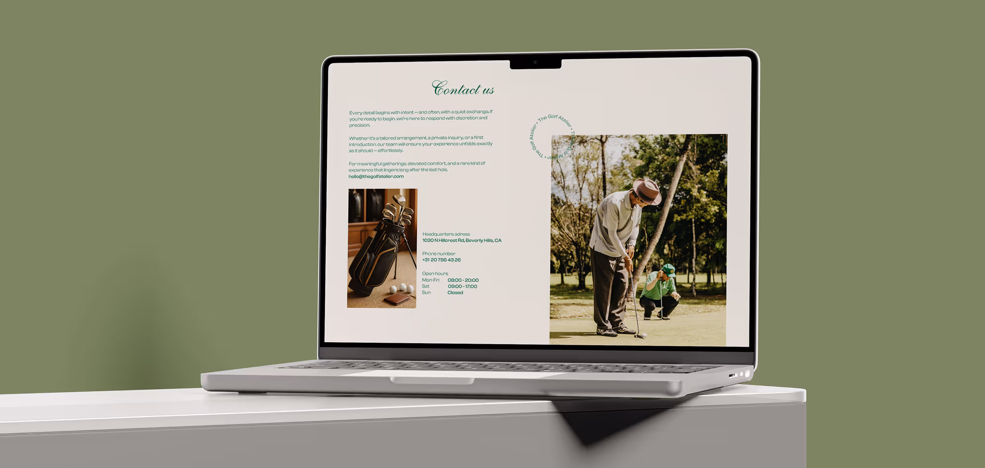Open laptop displaying a golf-themed contact page with text, a golf bag image, and a photo of two men playing golf on a green.
