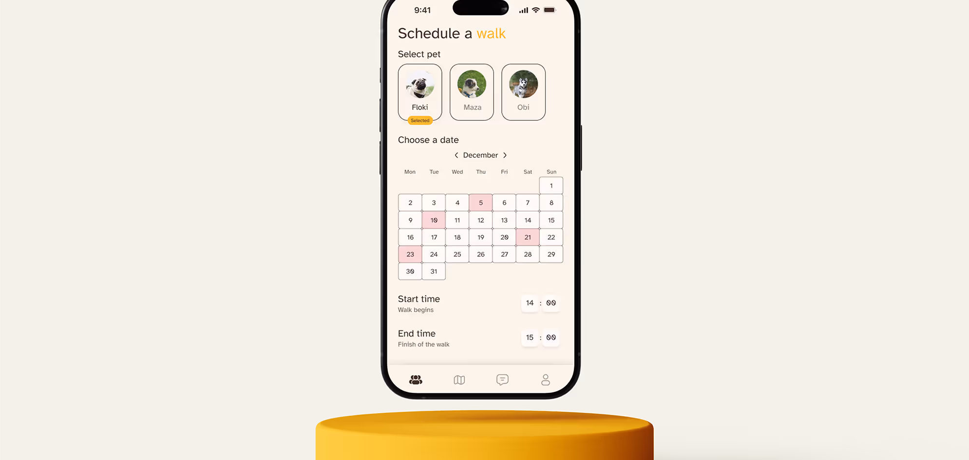 Smartphone screen showing a pet walk scheduling app with options to select a pet, choose a date from a calendar, and set start and end times.