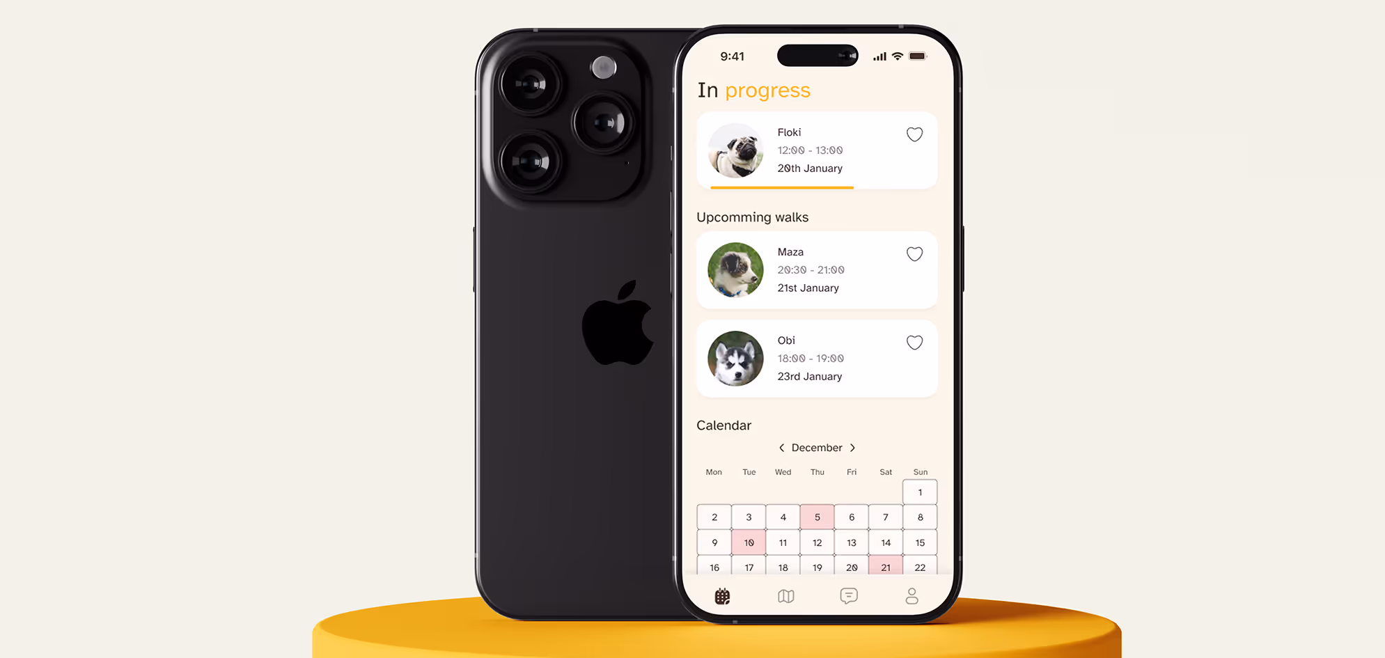 Black iPhone displaying a dog walking app showing in-progress walk, upcoming walks with dog photos, and a calendar for December.