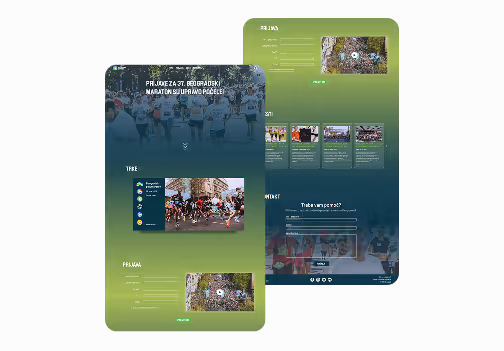 Digital webpage design for the 37th Belgrade Marathon featuring sections with race information, photos of runners, and video thumbnails on a green to blue gradient background.