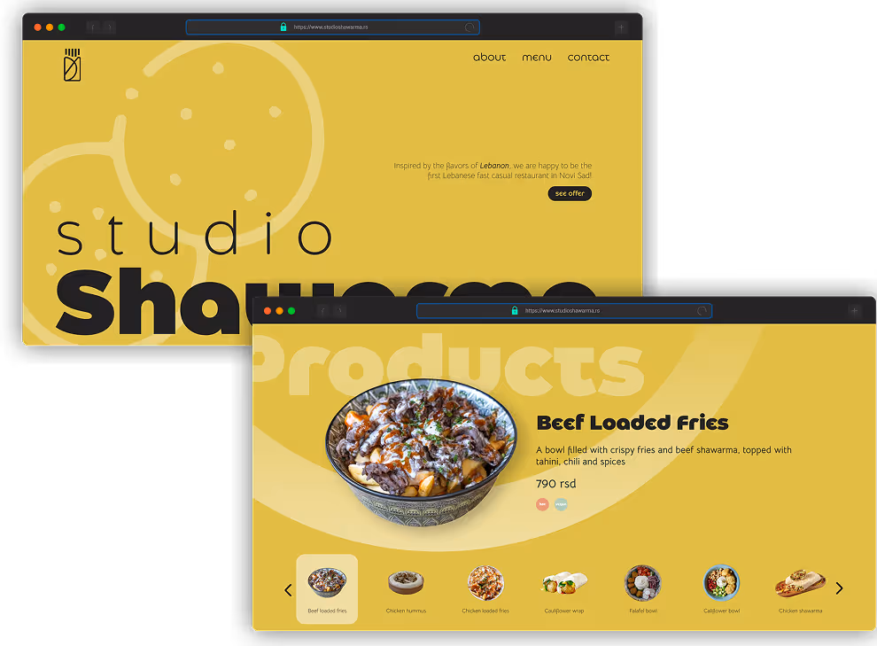 Website pages showing Studio Shawarma branding and a product page featuring a bowl of beef loaded fries with crispy fries, beef shawarma, tahini, chili, and spices.