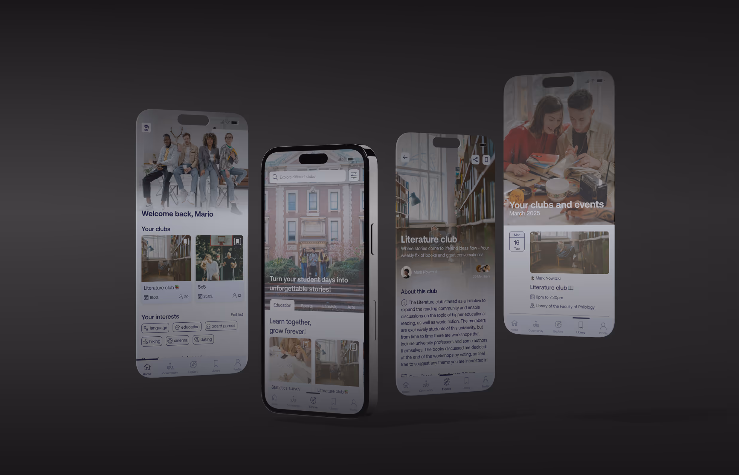 Four smartphones displaying a student club app interface with sections for clubs, interests, literature club details, and events.