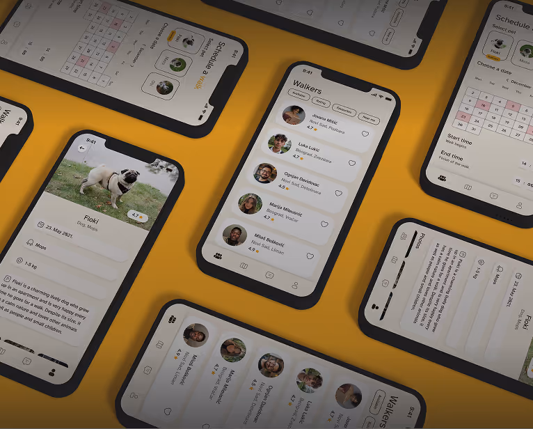 Smartphones displaying a pet care app interface with walker profiles, dog details, and scheduling features on a yellow background.